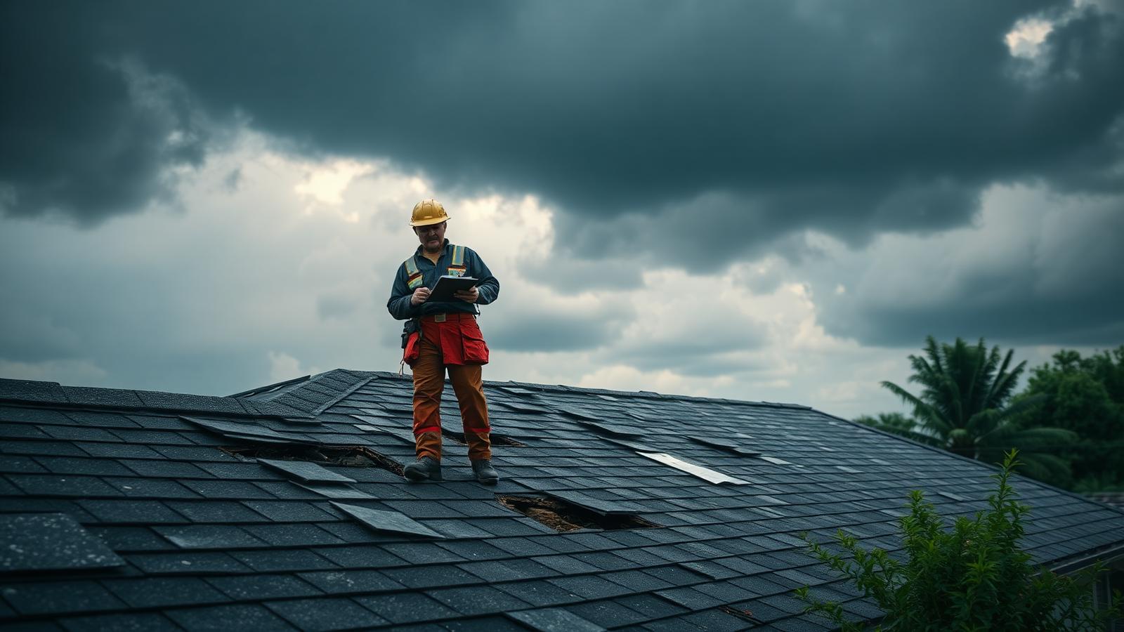 Roofing contractor inspecting a storm-damaged residential roof